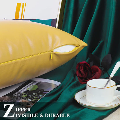 BRAWARM Faux Leather Throw Pillow Covers 18 X 18 Inches - Yellow Leather Pilow Covers Pack of 2, Solid Dyed Leather Pillowcases for Couch Bed Sofa Garden Home Decorative