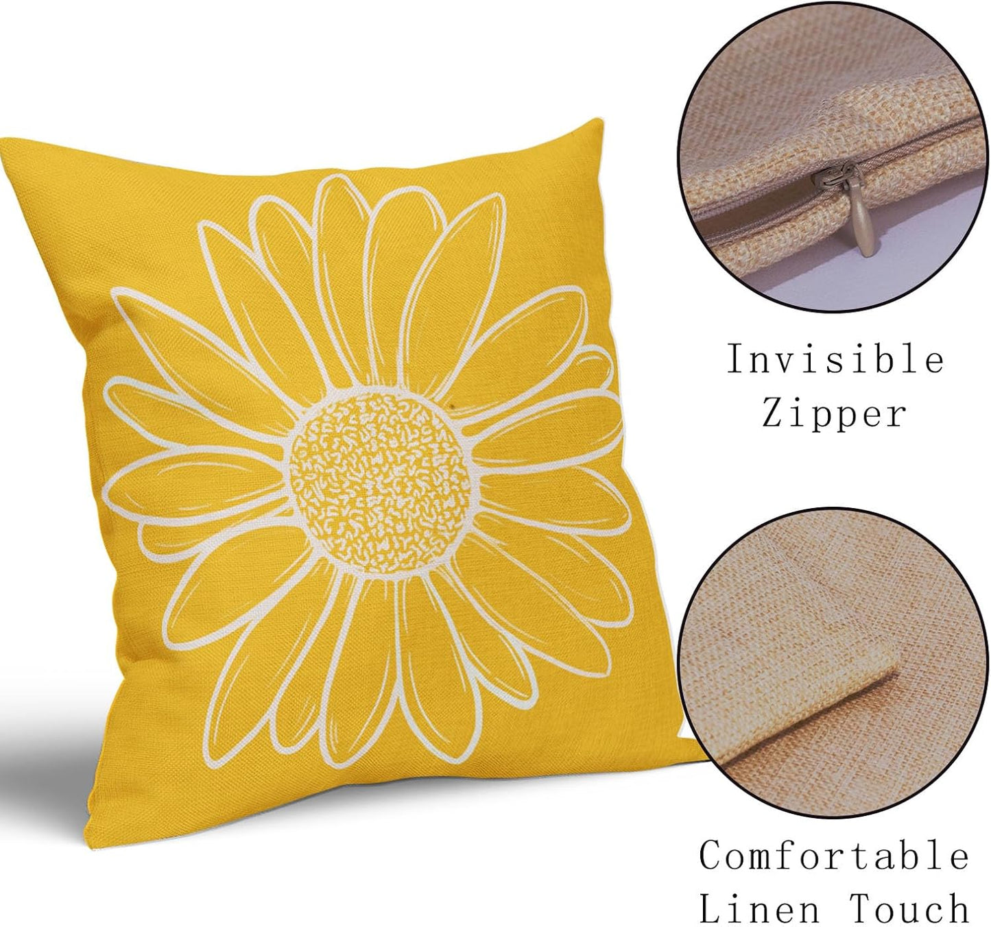 Spring Summer Daisy Flowers Pillow Covers 18X18 Inch Yellow Floral Bloom Decorative Pillow Cases Seasonal Modern Cotton Linen Throw Pillows Set of 2 Farmhouse Home Decor for Sofa Couch