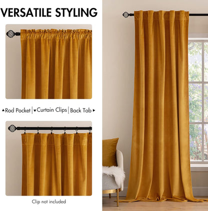 MIULEE Velvet Curtains 84 inches 2 Panels - Luxury Blackout Curtains for Bedroom Living Room Thermal Insulated Fall Decor Super Soft Window Drapes Rod Pocket & Back Tab, Mustard Yellow
