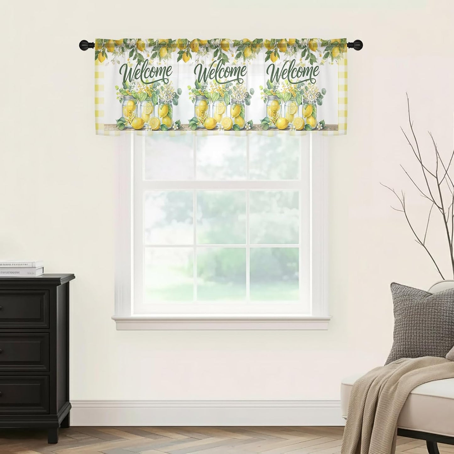 Summer Lemon Sheer Curtains Valances for Windows Yellow Plaid Fruits Floral Botanical Chiffon Kitchen Valances for Cafe, Rod Pocket Voile Window Treatments Curtains for Living Room Bedroom, 54"x18"