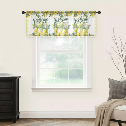 Summer Lemon Sheer Curtains Valances for Windows Yellow Plaid Fruits Floral Botanical Chiffon Kitchen Valances for Cafe, Rod Pocket Voile Window Treatments Curtains for Living Room Bedroom, 54"x18"