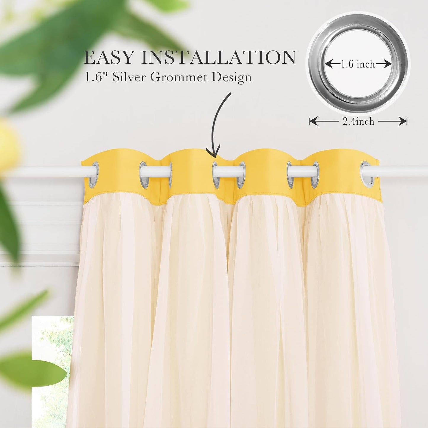 PONY DANCE Blackout Curtains - Curtains 84 inches Long with Sheer Overlay Nursery Panels for Bedroom/Living/Dining Room, 52 W by 84 L, Lemon Yellow, 2 Pieces