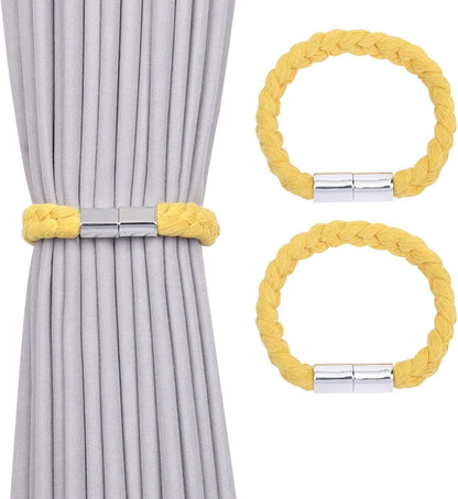 NICEEC 2 Pack Twisted Braid Rope Magnetic Curtain Tiebacks Elegant Hand-Woven Style Drape Tie Backs Soft Natural Cotton Rope Curtain Holdbacks for Home & Office Window Draperies (Yellow)