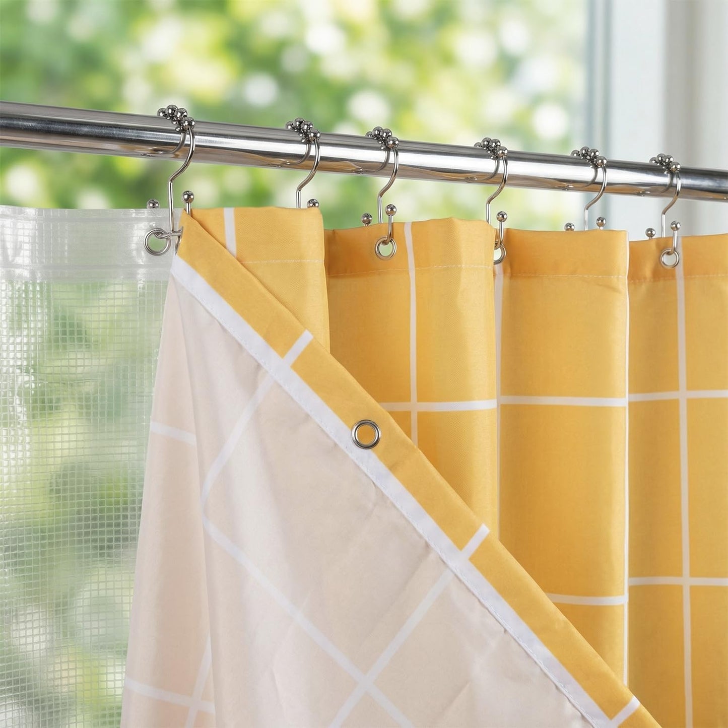 3 in 1 Shower Curtain Set, Checkered Minimalist Shower Curtain and PEVA Liner Sets swith 12 Metal Double Sided Shower Curtain Hooks, White Line Simple Modern Shower Curtain for Bathroom, 72x72, Yellow