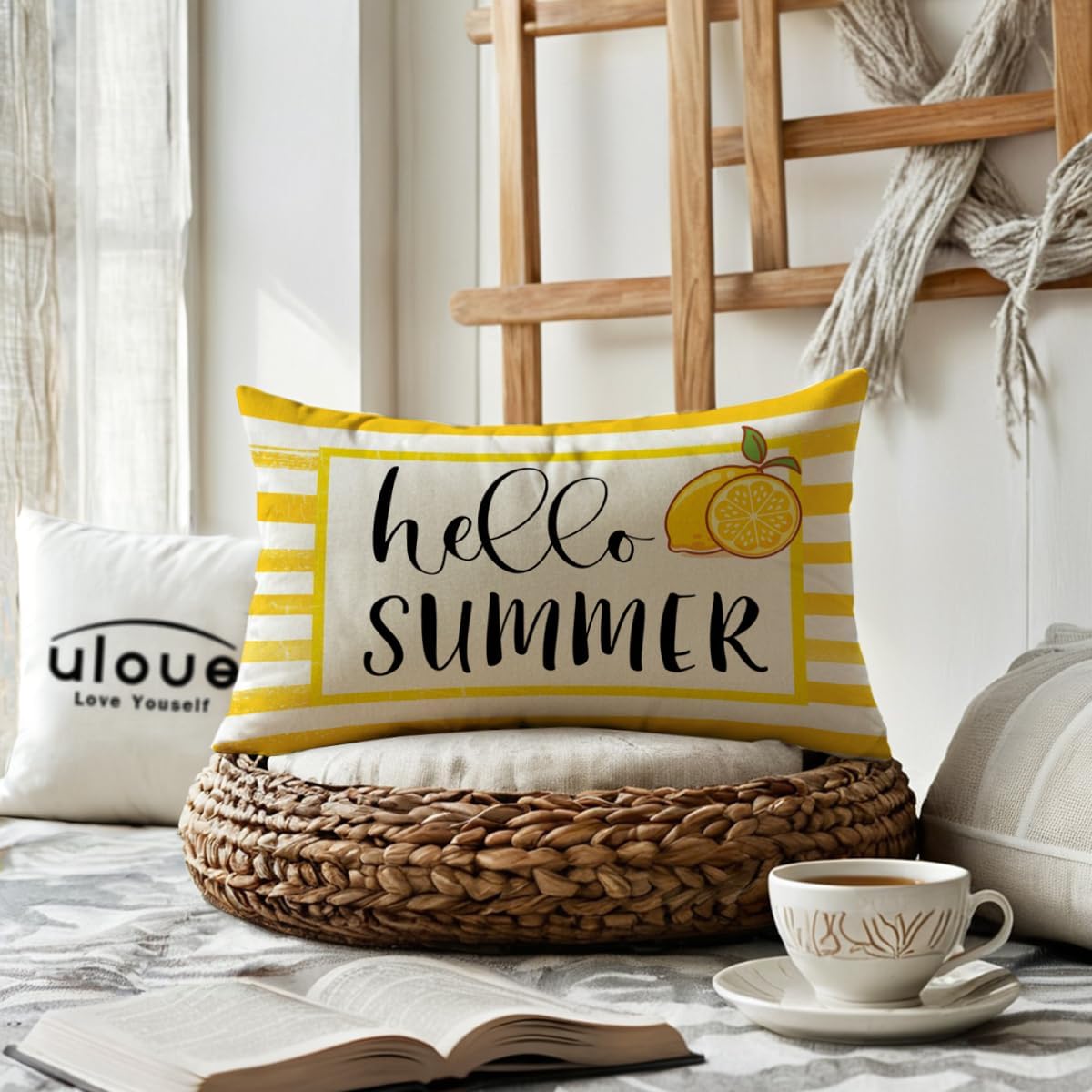 ULOVE LOVE YOURSELF Hello Summer Decorative Pillow Cover Yellow Lemon Design Cushion Cover 12"×20" Farmhouse Summer Holiday Lumbar Pillowcase Seasonal Decorations for Sofa Couch Porch(Yellow)