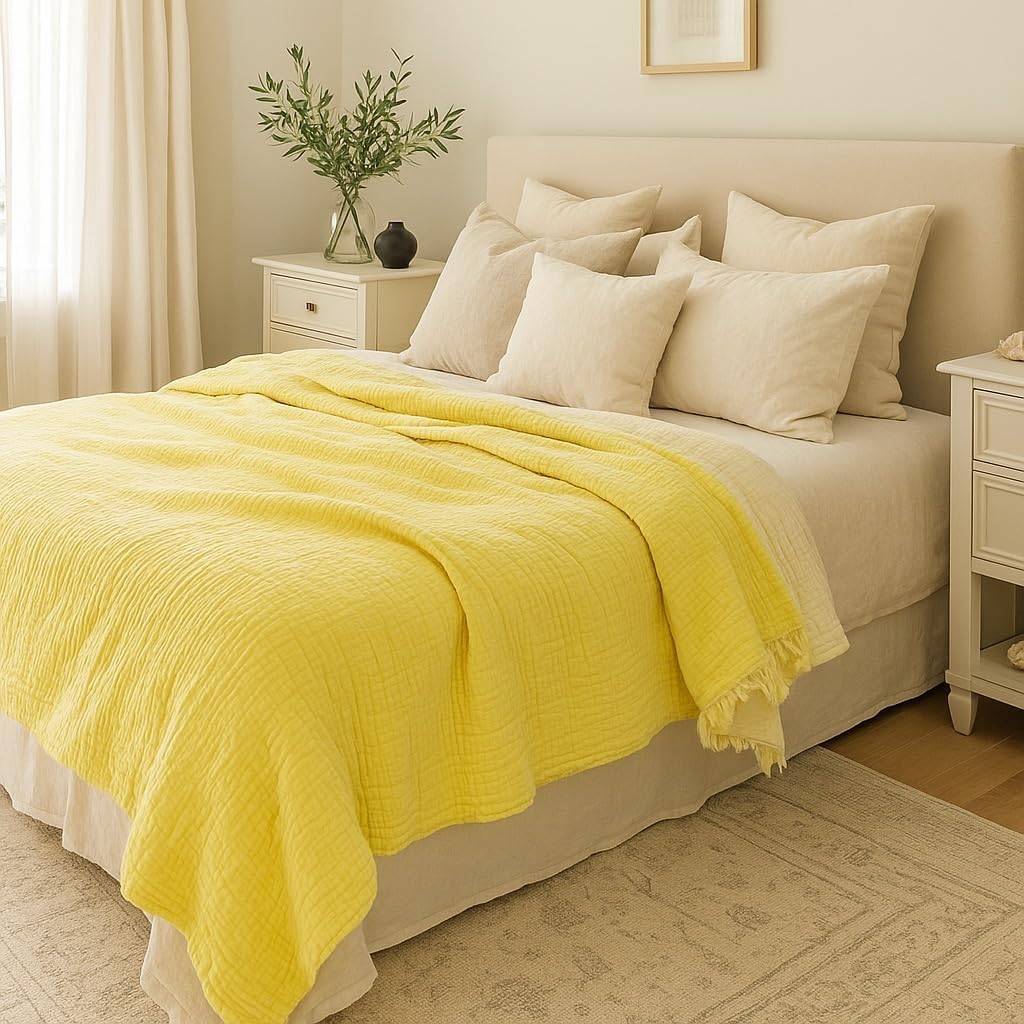100% Cotton 4-Layer Muslin Blanket Anthracite – Soft Breathable Bedspread Coverlet Throw, Lightweight Gauze Pike Style, Pre-Washed, All Season Use for Bed Sofa (Lemon Yellow, 95x108 inc)