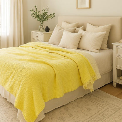 100% Cotton 4-Layer Muslin Blanket Anthracite – Soft Breathable Bedspread Coverlet Throw, Lightweight Gauze Pike Style, Pre-Washed, All Season Use for Bed Sofa (Lemon Yellow, 95x108 inc)