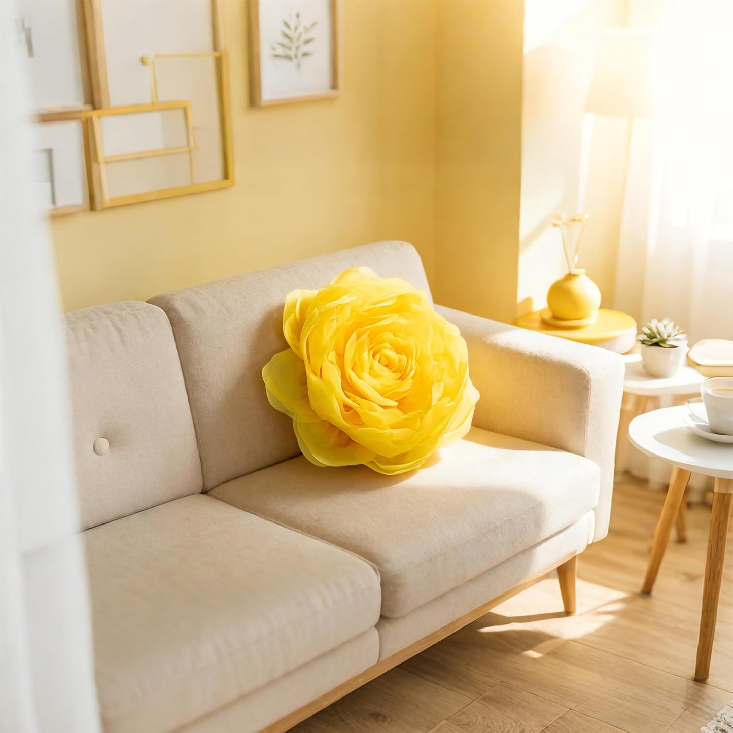 JWH Stereo Flower Throw Pillow Covers Aesthetic Decorative Floral Accent Pillow Cases Round Cushion Handmade Pillowcase for Bedroom Bed Couch Chair Car 12 Inch Bright Yellow