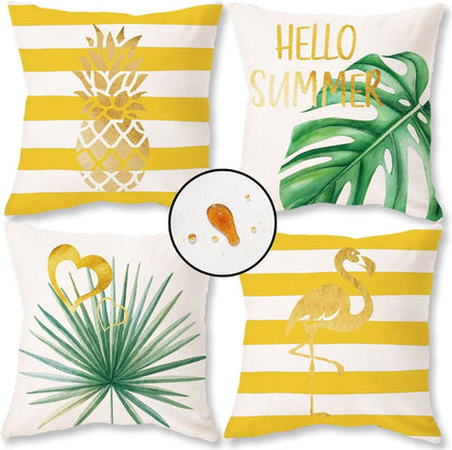 ONWAY Hello Summer Pillow Covers Waterproof 18x18 Set of 4 for Summer Decorations Yellow Stripe Gold Cushion Cases Tropical Pineapple Flamingo Throw Pillows for Couch Patio Furniture