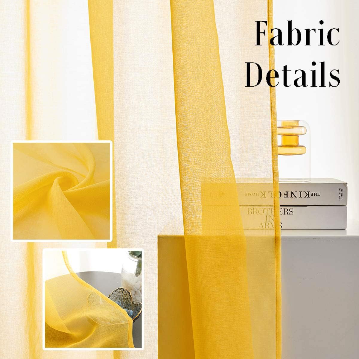 Butter Yellow Sheer Curtains 72 Inches Long Semi Faux Linen Yellow Sheers Curtain for Bedroom Living Room Girls Kids Room 2 Panels 52x72 Inch Length Gold