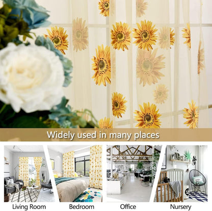 BIGEBO 2PCS Sunflower Curtains with 2 Curtain Tiebacks Rope | Rod Pocket Window Treatments W39" x L79" Yellow Sheer Window Curtains for Bedroom Living Room Kitchen Decor