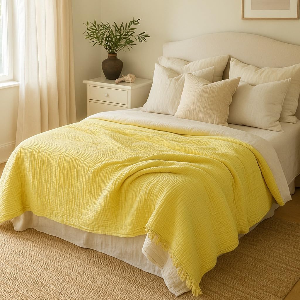 100% Cotton 4-Layer Muslin Blanket Anthracite – Soft Breathable Bedspread Coverlet Throw, Lightweight Gauze Pike Style, Pre-Washed, All Season Use for Bed Sofa (Lemon Yellow, 95x108 inc)