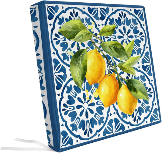Yellow Lemon Indoor/Outdoor Seat Cushions Cover, Summer Country Fruits Italian Style Blue Waterproof Patio Chaise Lounge Cushion Cover for Beach Pool Side Chair Cushions 20''x18''x2pcs