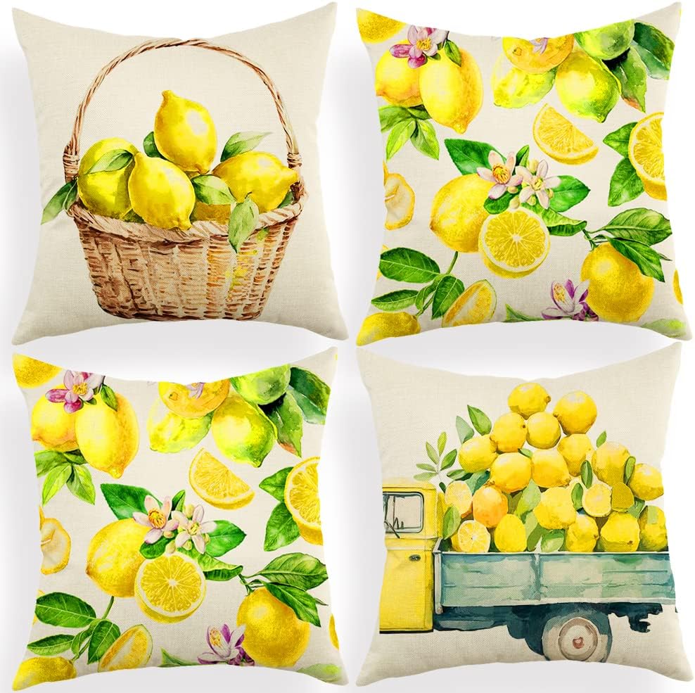 Ogiselestyle Watercolor Lemons Throw Pillow Covers, 18 x 18 Inch Yellow Summer Lemon Cushion Case for Sofa Couch Set of 4