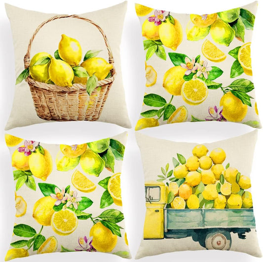 Ogiselestyle Watercolor Lemons Throw Pillow Covers, 18 x 18 Inch Yellow Summer Lemon Cushion Case for Sofa Couch Set of 4