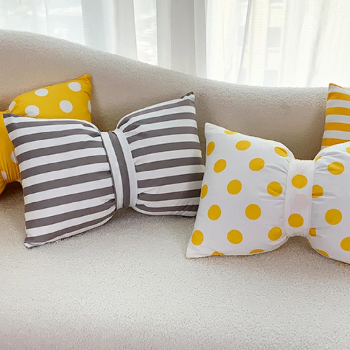 Stripe Velvet Bow Tie Decorative Throw Pillow Cover, Polka Dot Bowknot Lumbar Pillowcases for Home Decor (Yellow Stripe)