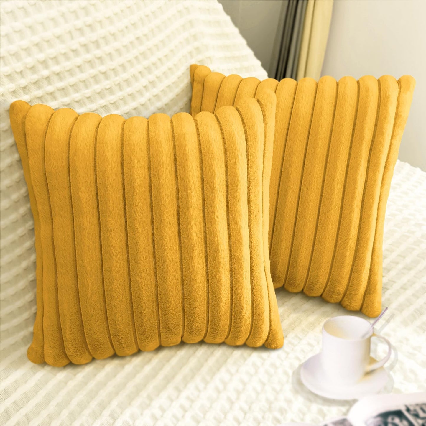 Bunliuys 2 Pack Pillow Covers, 20x20 Faux Fur Square Throw Pillow Covers for Living Room Decorations Throw Pillow Case, Throw Pillow Cover Cushion Cover for Home Sofa Bedroom Car, Mustard Yellow