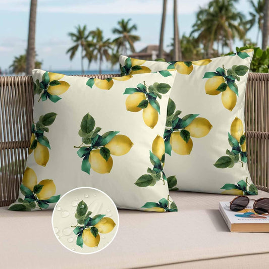 Summer Lemon Outdoor Waterproof Pillow Covers Pack of 2, Country Watercolor Farm Yellow Fruit Green Leaf Bow Throw Pillowcases Decorative Cushion Covers for Garden Patio Tent Sofa Couch, 16x16 inch