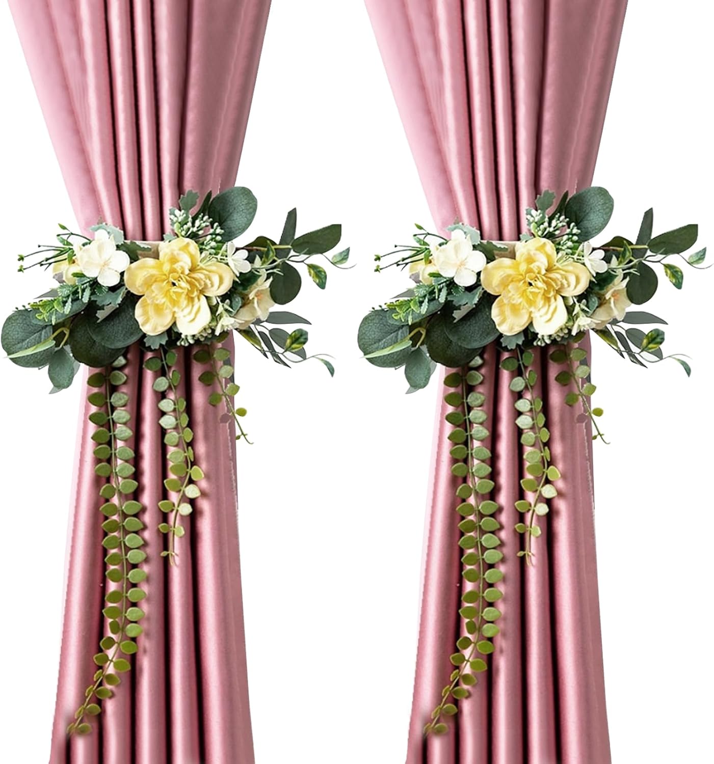 Artificial Flower Curtain Tiebacks No-Drill, Yellow-2Pcs | Rose Flower Design, Easy to Use, Elegant Window Curtain Decor