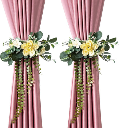 Artificial Flower Curtain Tiebacks No-Drill, Yellow-2Pcs | Rose Flower Design, Easy to Use, Elegant Window Curtain Decor