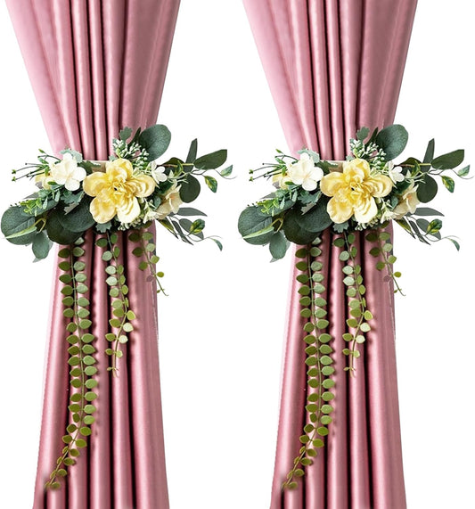 Artificial Flower Curtain Tiebacks No-Drill, Yellow-2Pcs | Rose Flower Design, Easy to Use, Elegant Window Curtain Decor