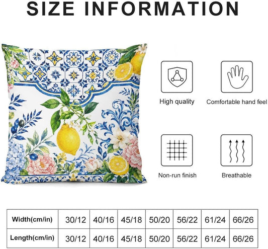 Throw Pillow Covers 18 "x18 Set of 2 - Summer Lemons Blue TilesDecorative Linen Pillow Covers Cushion Cases for Farmhouse Sofa Couch Outdoor Home Decorations