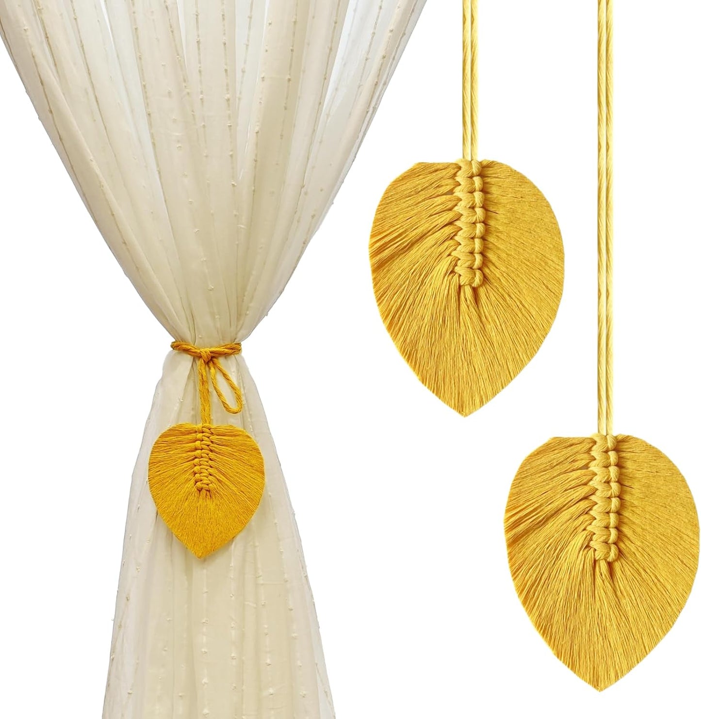 Curtain Tiebacks Curtain Ties Handmade Leaves Weave Twine Curtain tie Backs Boho Cotton Curtains tiebacks Curtain Holder Tie Backs for Curtains Braided Thin,Thick Home Office Window Draperies(Yellow)
