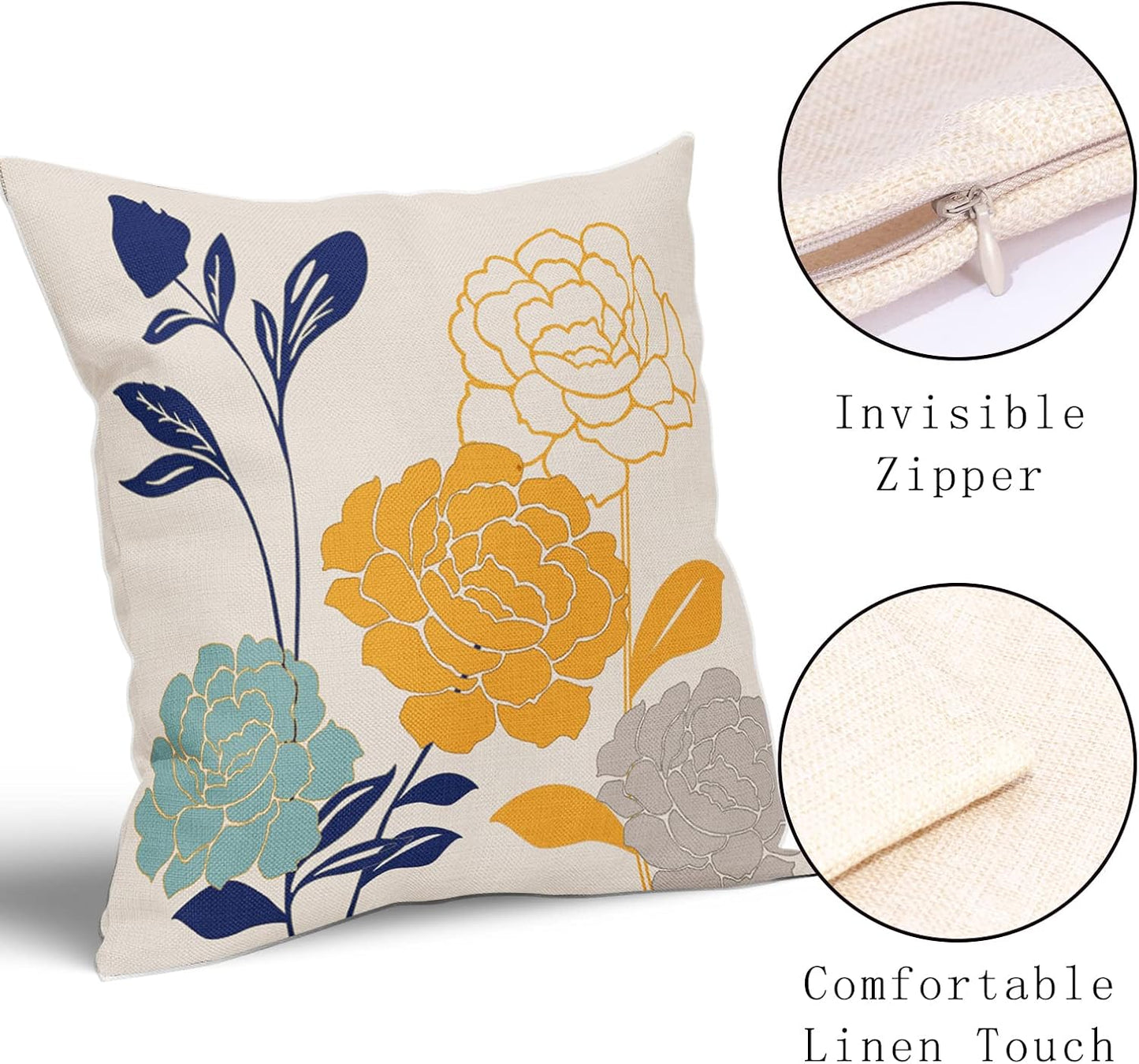 Flowers Outdoor Pillow Covers 18x18 Set of 2, Teal Grey Mustard Yellow Floral Decorative Throw Pillows Cover,Spring Summer Navy blue Leaf Linen Square Pillowcase Decor Gifts for Home Patio Couch Sofa