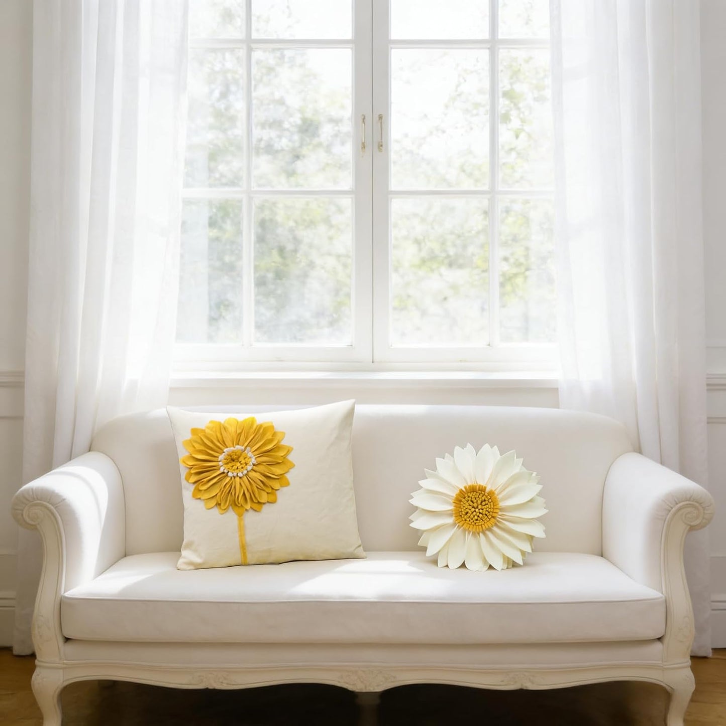 JWH Decorative Flower Throw Pillow Cover 3D Sunflower Pillow Case Velvet Cushion Floral Pillowcase for Bed Living Room Couch Chair 18x18 Inches Yellow Creamy White