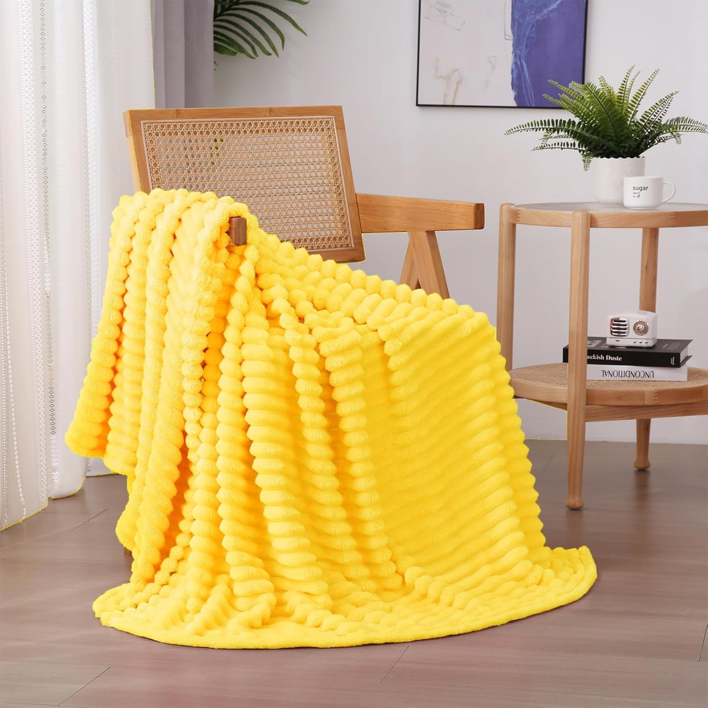 Bright Yellow Fleece Throw Blanket 50”×60” for Couch Sofa Bed,Super Soft Cozy Plush Microfiber Flannel Blanket with Stripes Design Lightweight for Adults,Woman