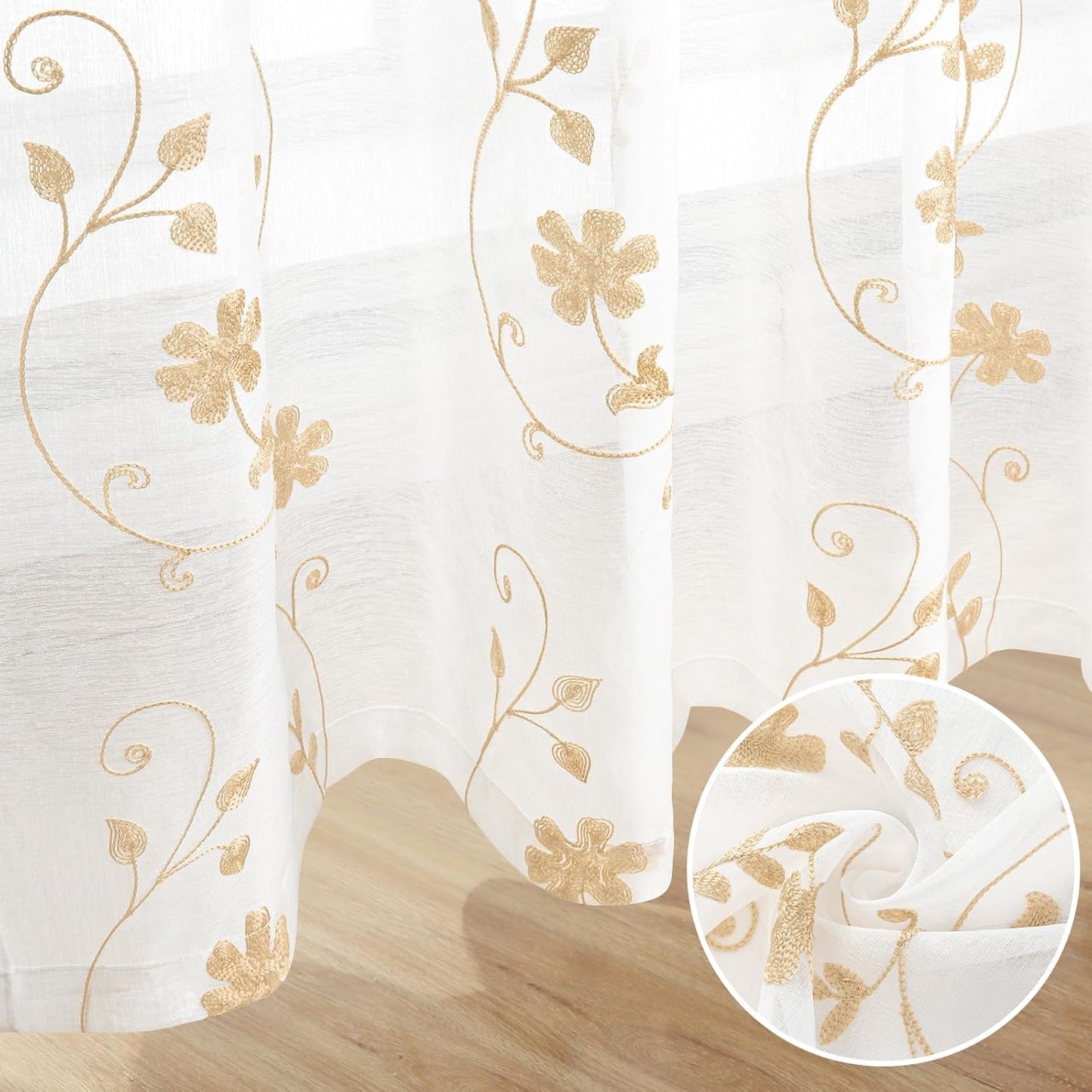 HOMEIDEAS Yellow Sheer Curtains 84 Inches Long 2 Panels Yellow and White Embroidered Floral Pattern Semi Sheer Window Curtains for Bedroom Living Room