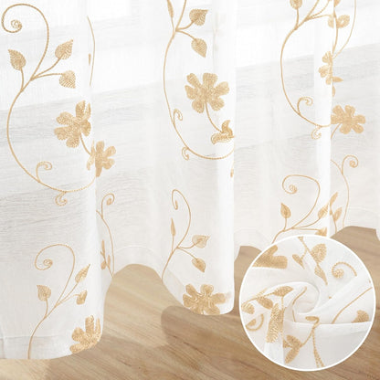 HOMEIDEAS Yellow Sheer Curtains 84 Inches Long 2 Panels Yellow and White Embroidered Floral Pattern Semi Sheer Window Curtains for Bedroom Living Room