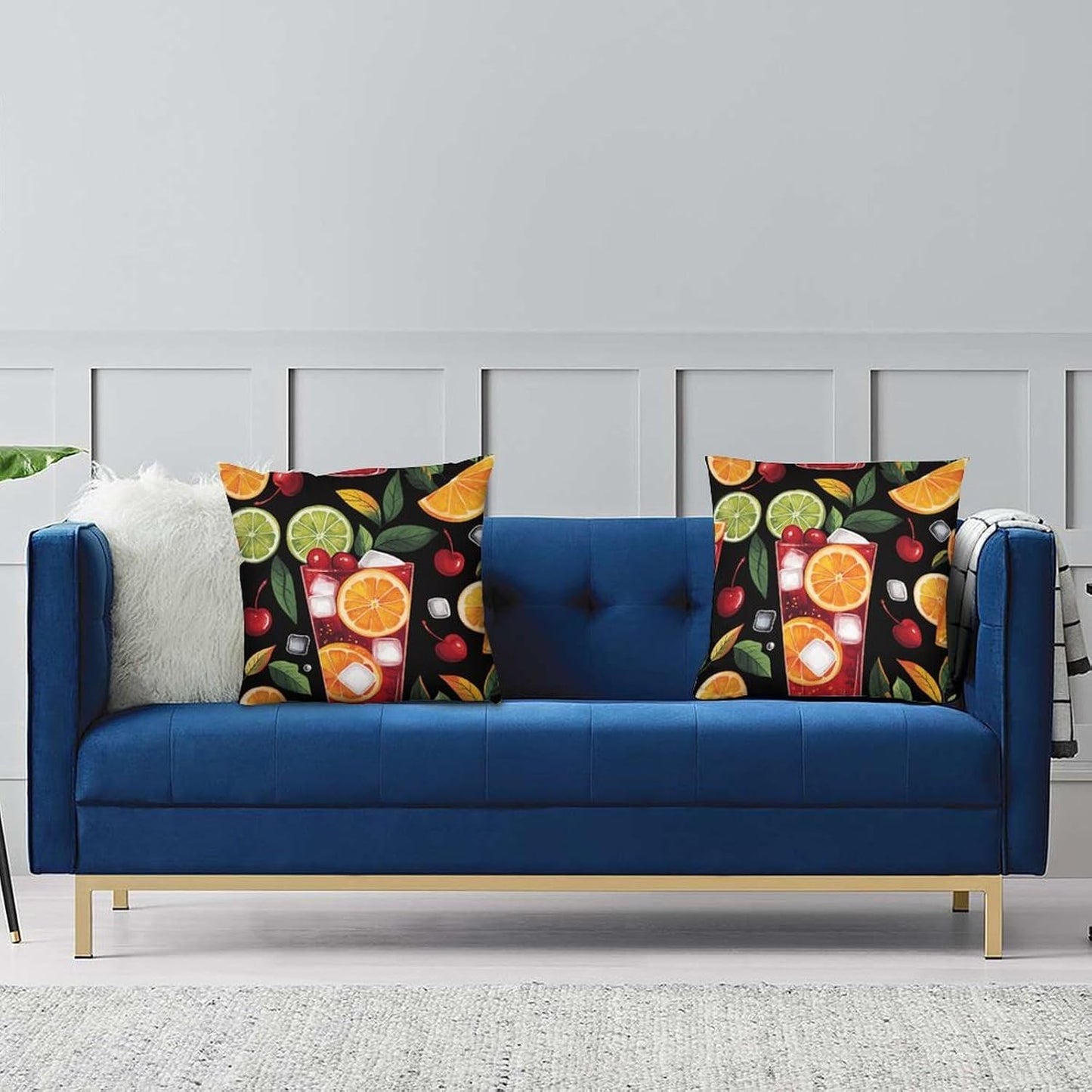 Cartoon Lemon Cocktail Throw Pillow Covers for Living Room Bedroom, Rustic Summer Fruit Drink Pillowcases Outdoor Cushion Case for Couch Sofa Bed, 12x12 inch
