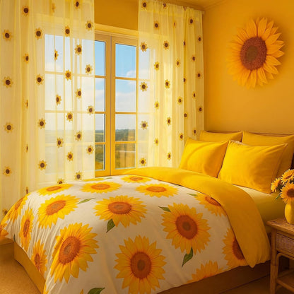 Tegeme 2 Panels Yellow Sunflower Sheer Curtains for Girl Boy Bedroom 84 Inches Long Embroidered Voile Curtains Decorative Coquettish Sheer Shades Linen Semi Window Decor for Summer Home Party Office
