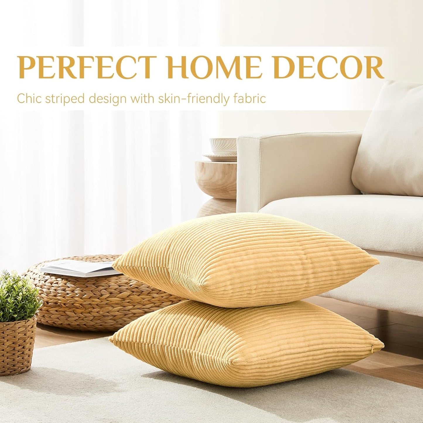 Softalker Decorative Throw Pillow Covers 18x18, Set of 2 Soft Corduroy Striped Boho Solid Pillow Cover, Modern Farmhouse Home Decor House Warming Gifts for Couch Sofa Bed Living Room, Light Yellow