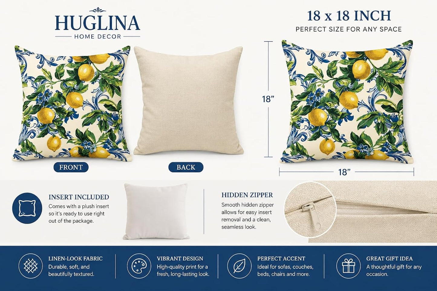 Lemon Throw Pillow, 18x18 Inch Decorative Pillow with Insert Included, Mediterranean Citrus Botanical Accent Pillow, Farmhouse Home Decor Cushion for Sofa Couch Bed (LS-008)