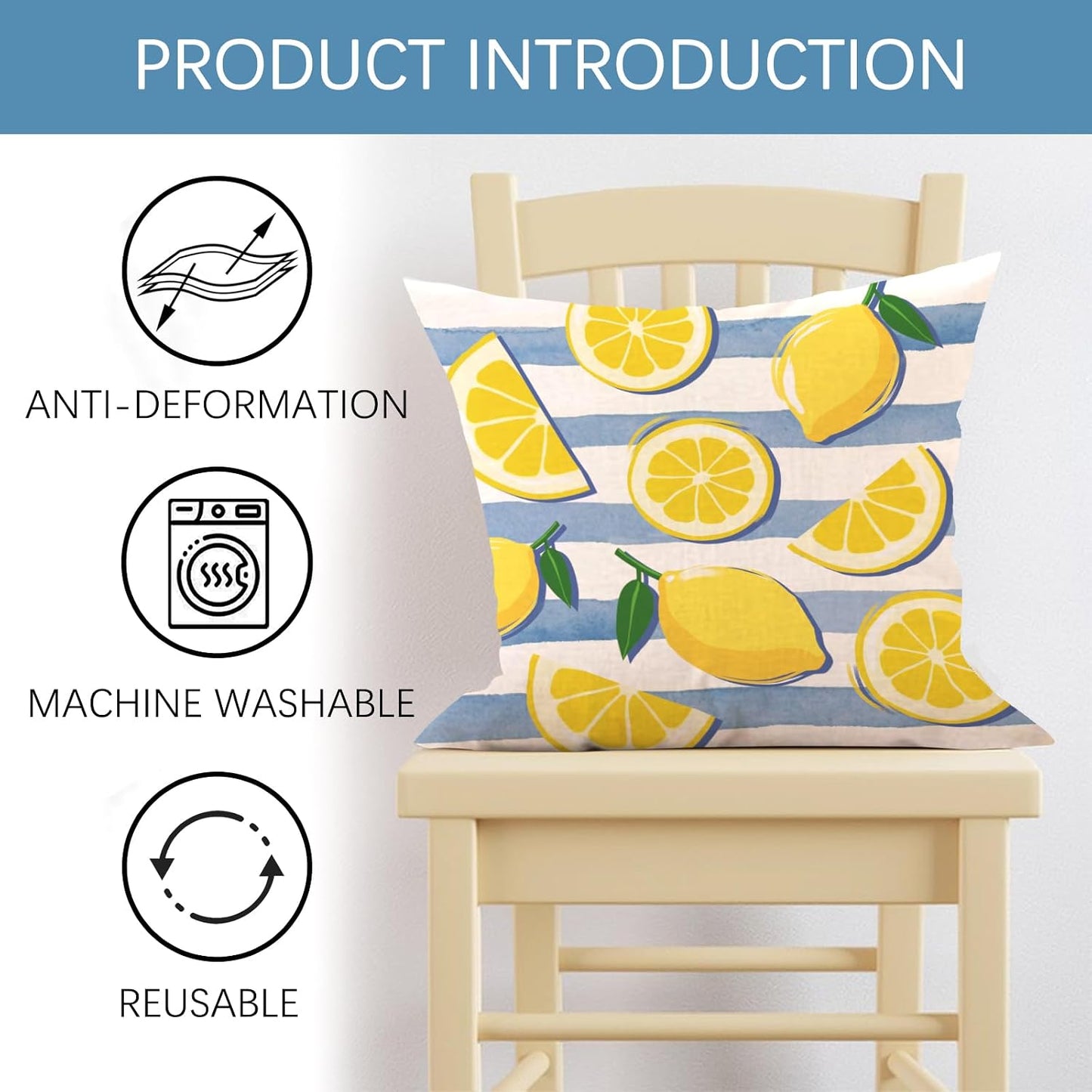 Lemon Theme Decorative Throw Pillow Covers 18 x 18 Set of 4, Italy La Dolce Vita Citrus Fruit Yellow Blue Plaid Stripes Porch Outdoor Home Decor, Summer Mediterranean Sofa Couch Cushion Case