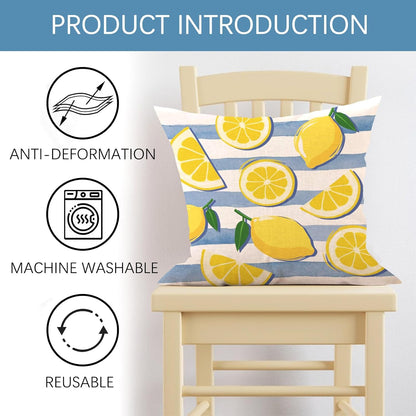Lemon Theme Decorative Throw Pillow Covers 18 x 18 Set of 4, Italy La Dolce Vita Citrus Fruit Yellow Blue Plaid Stripes Porch Outdoor Home Decor, Summer Mediterranean Sofa Couch Cushion Case