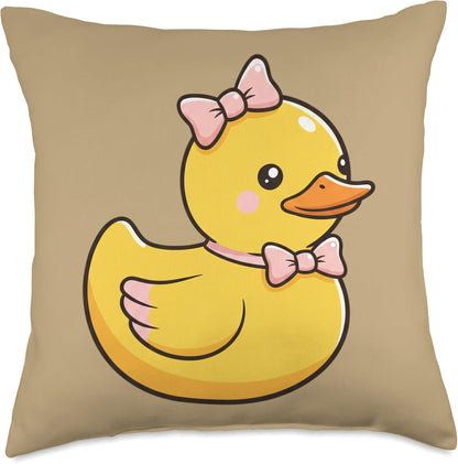 Cute Yellow Duck with Bows Womens Kawaii Farm Animal Cartoon Throw Pillow