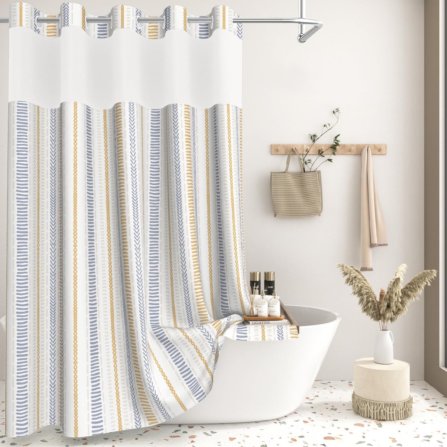 No Hook Geometric Striped Shower Curtain and Liner Set, Waterproof Double Layers Fabric Shower Curtain with Mesh Top Window, Boho Blue and Yellow Minimalist Bathroom Curtains, 71x74 Inches