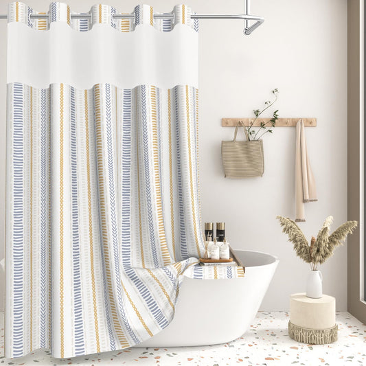 No Hook Geometric Striped Shower Curtain and Liner Set, Waterproof Double Layers Fabric Shower Curtain with Mesh Top Window, Boho Blue and Yellow Minimalist Bathroom Curtains, 71x74 Inches
