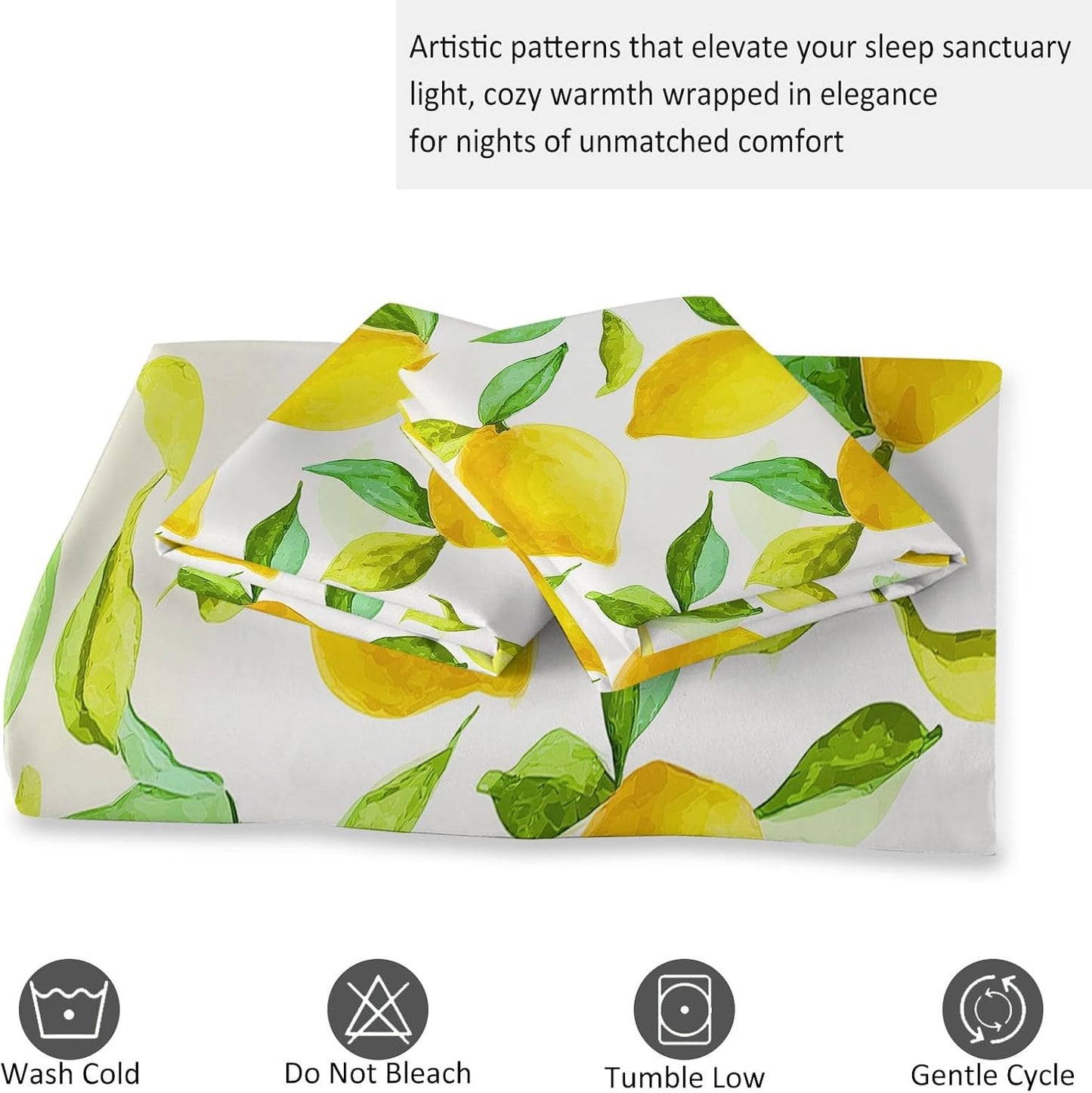 Yellow Duvet Cover Set King Size, Kids Teens Hand Drawn Leaves and Lemon Bedding Set, 3 Piece Soft Microfiber Comforter Cover (104 x 90 in) with 2 Pillowcase