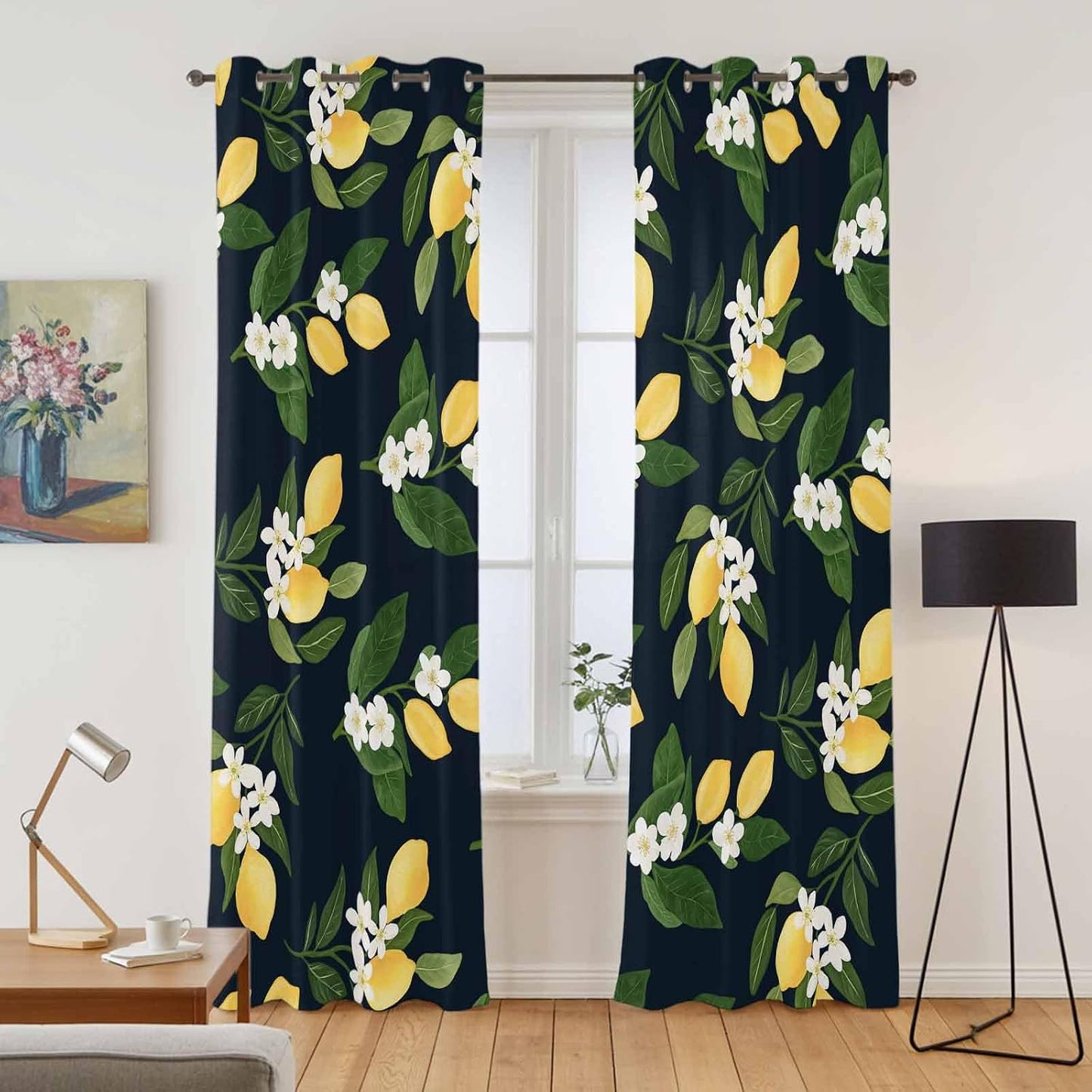 Lemons Yellow Summer Lemon Black Curtains for Bedroom and Living Room, Window Curtains Light Filtering Semi Sheer Window Drapes with Grommet (2 Panels, Each 52" W x 96" L)