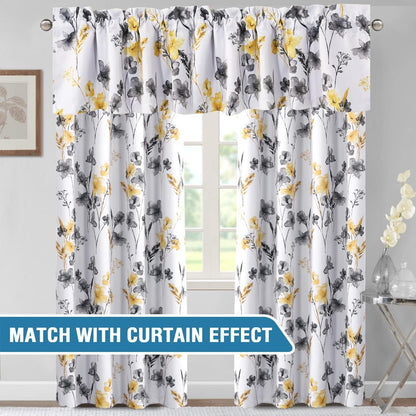 H.VERSAILTEX 100% Blackout Curtain Valances for Kitchen Windows 2 Panels Set Cattleya Floral Printed Leah Floral Thermal Insulated Rod Pocket Valances for Windows, 52" x 18", Grey/Yellow