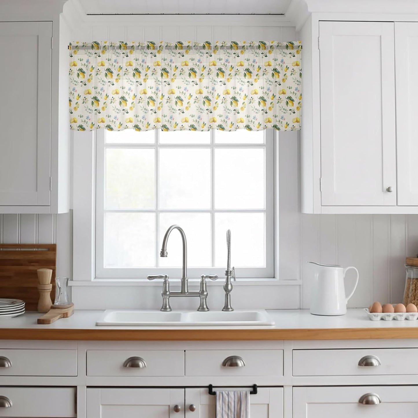 Summer Lemon Sheer Curtains Valances for Windows Pastoral Leaves Fruits Country Plants Pink Chiffon Kitchen Valances for Cafe, Voile Window Treatments Curtains for Living Room Bedroom, 54"x18"