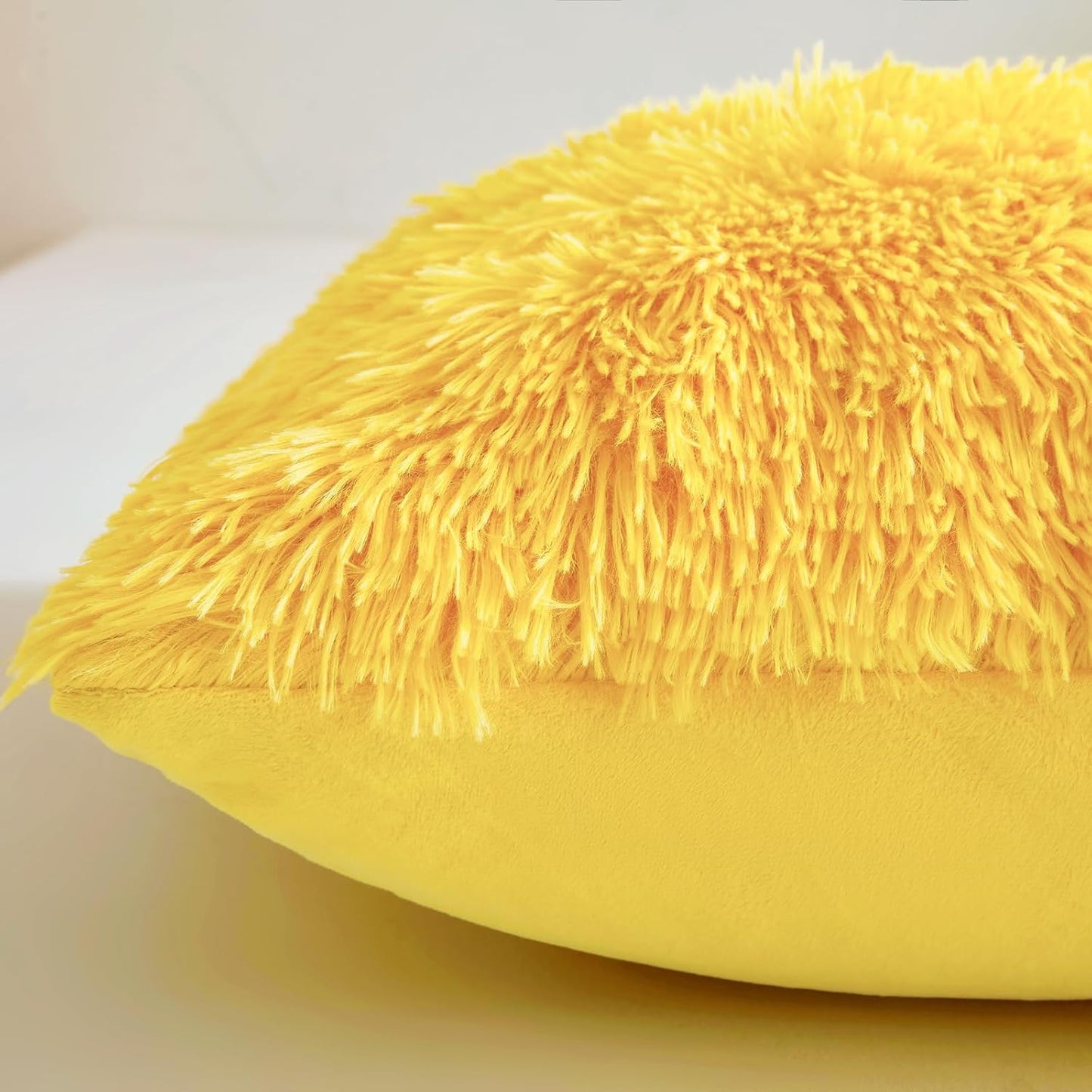 Fluffy Throw Pillow Covers Yellow 18"x18" Faux Fur Furry Cushion Covers Shaggy Plush Fuzzy Pillow Cases Decorative Pillow Shams with Zipper Set of 2 for Sofa Living Room Bedroom Interior