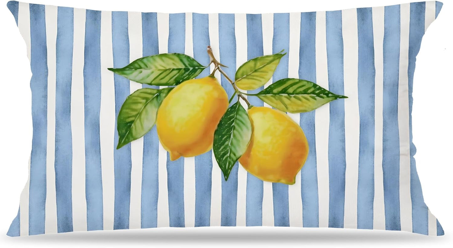 Blue and Yellow Summer Italian Mediterranean Amalfi Coast Lemon Pillow Cover Decor 12x20,Italian Striped Decorative Throw Pillow Cover Decor for Couch Double-Sided