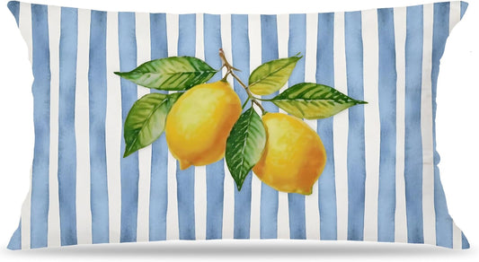Blue and Yellow Summer Italian Mediterranean Amalfi Coast Lemon Pillow Cover Decor 12x20,Italian Striped Decorative Throw Pillow Cover Decor for Couch Double-Sided