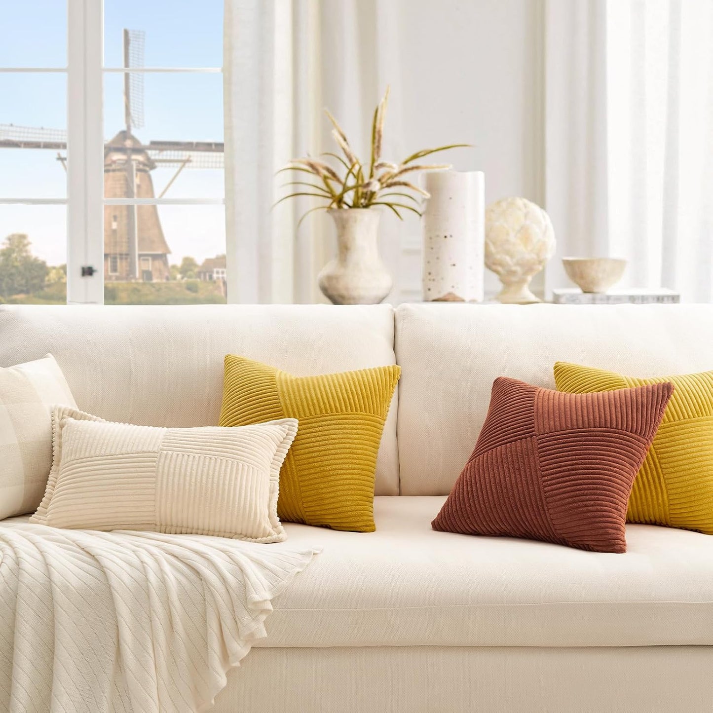 Topfinel Set of 2 Decorative Yellow Throw Pillow Covers 18x18 Inch for Couch Sofa Bed, Farmhouse Boho Rustic Home Decor,Soft Corduroy Windmill Textured Striped Patchwork Cushion Cases