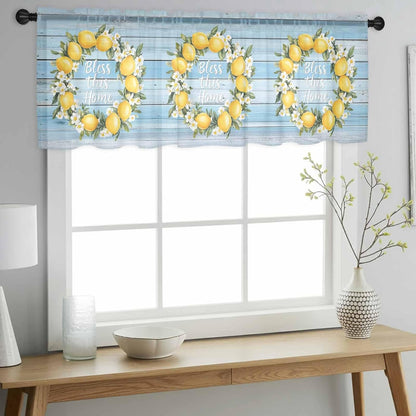 Country Bless This Home Sheer Curtain 18 Inch Long Yellow Lemon Blue Wood Grain Light Filtering Rod Pocket Voile Curtain Valance for Bedroom Kitchen Cafe Window 54" W x 18" L